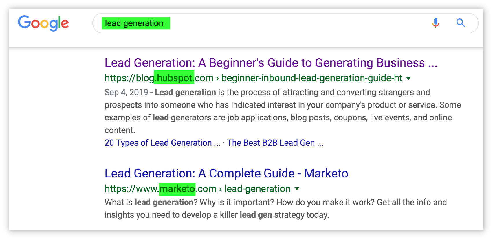 screenshot of SERP for "lead generation"