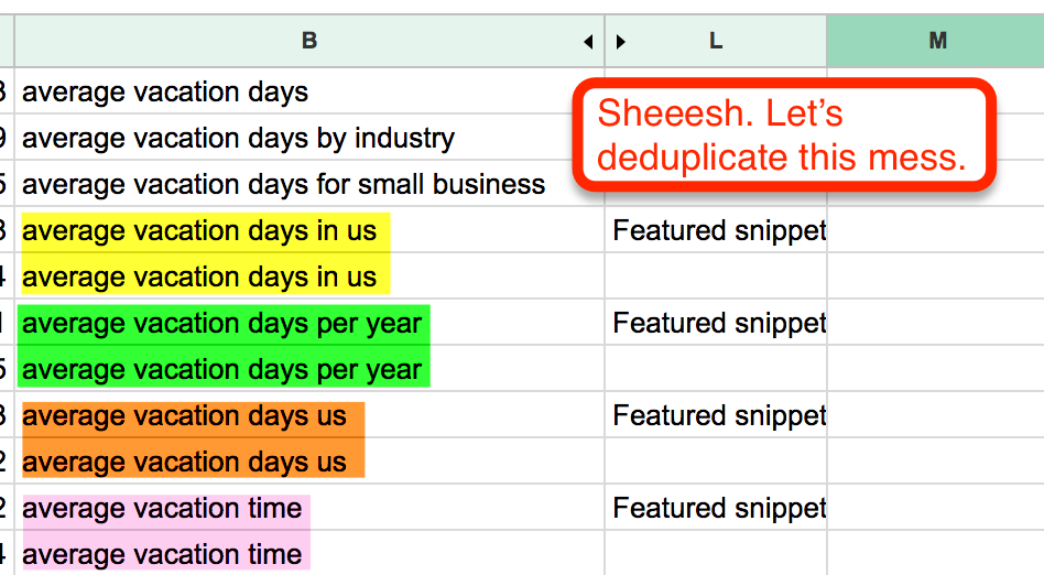 Working in the featured snippet spreadsheet