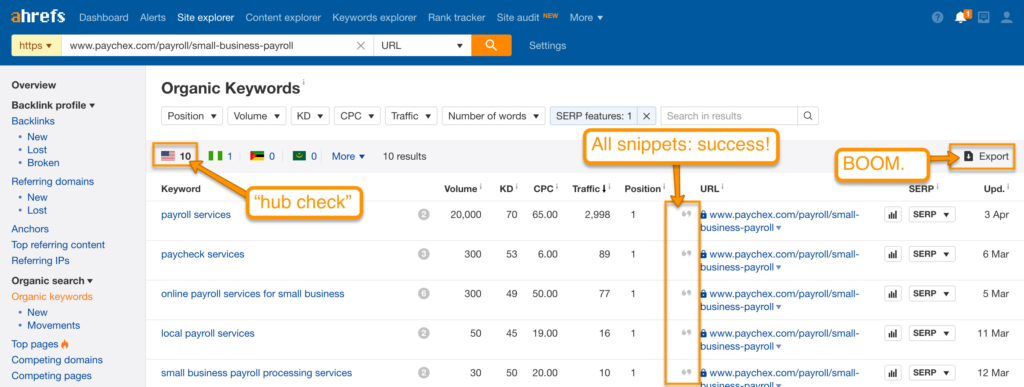 Export competitor snippets