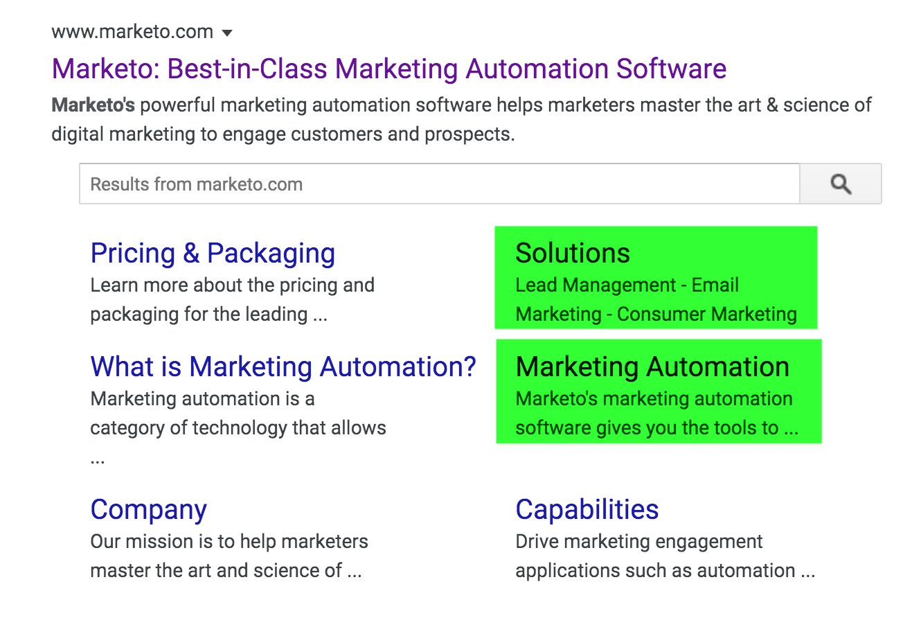 Example of Markteo's solutions pages being used as Google sitelinks